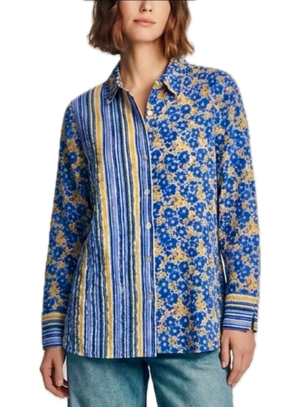 Habitat Floral Striped Mix Print Seersucker Button Down Shirt Womens Size Small